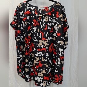 Calvin Klein 2X 18/20 Red Black Beige Satin Doleman Sleeve Tunic Top Blouse